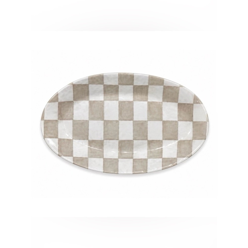 TAN CHECKERED Shiny 18x13" Melamine Oval Serving Platter Serve Tray Party NEW
